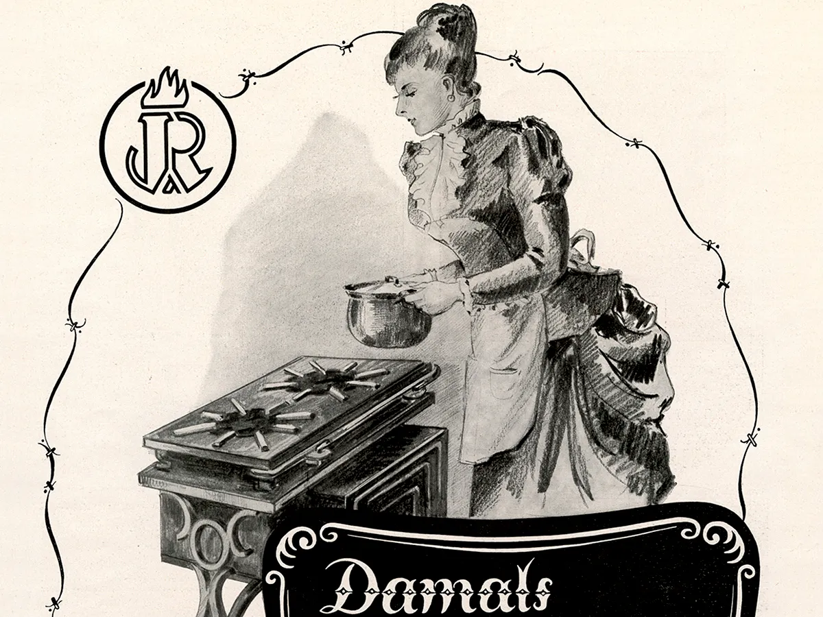 Historical drawing of a woman in turn-of-the-century attire cooking on an early Junker & Ruh gas stove.