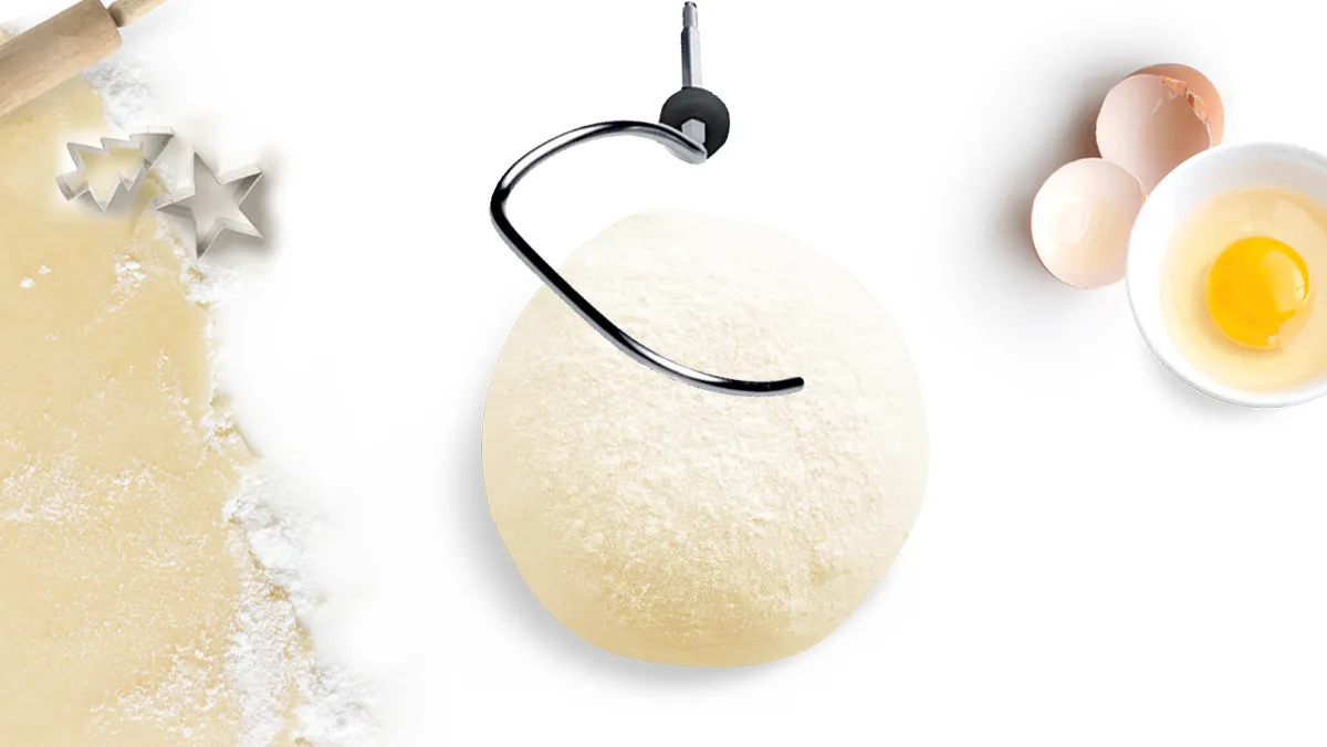 特別設計的麵團勾能夠維持恆速揉麵,輕鬆且快 速揉出口味媲美手工製作的綿密麵團