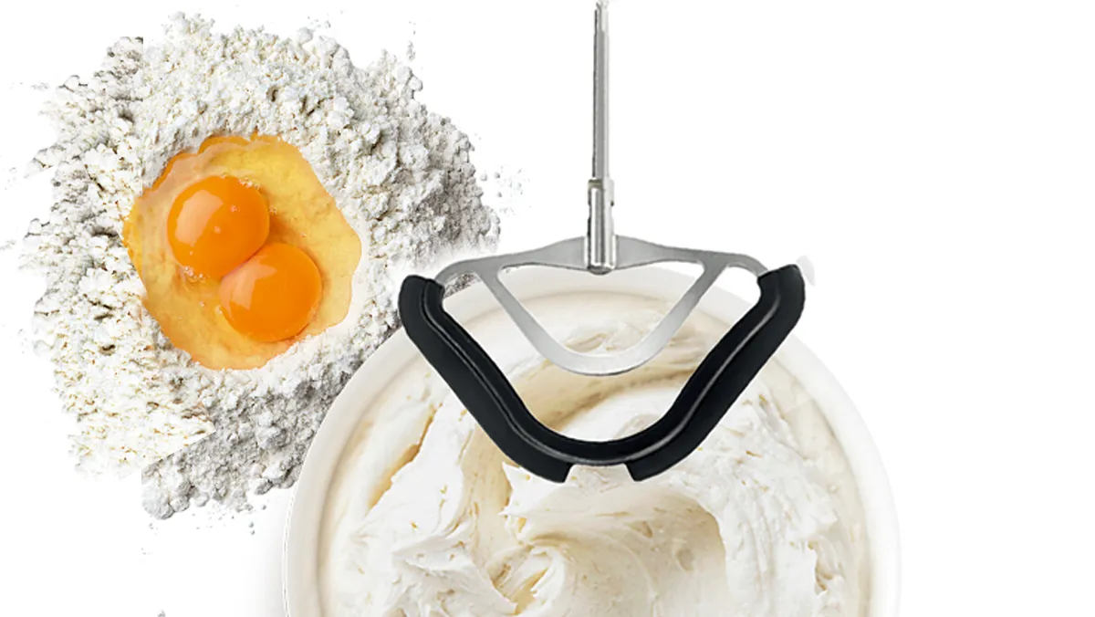 均勻攪拌食材並可輕鬆的處理麵糊,攪拌槳包覆 矽膠的設計,更可以避免刮傷攪拌碗,耐久又好 用