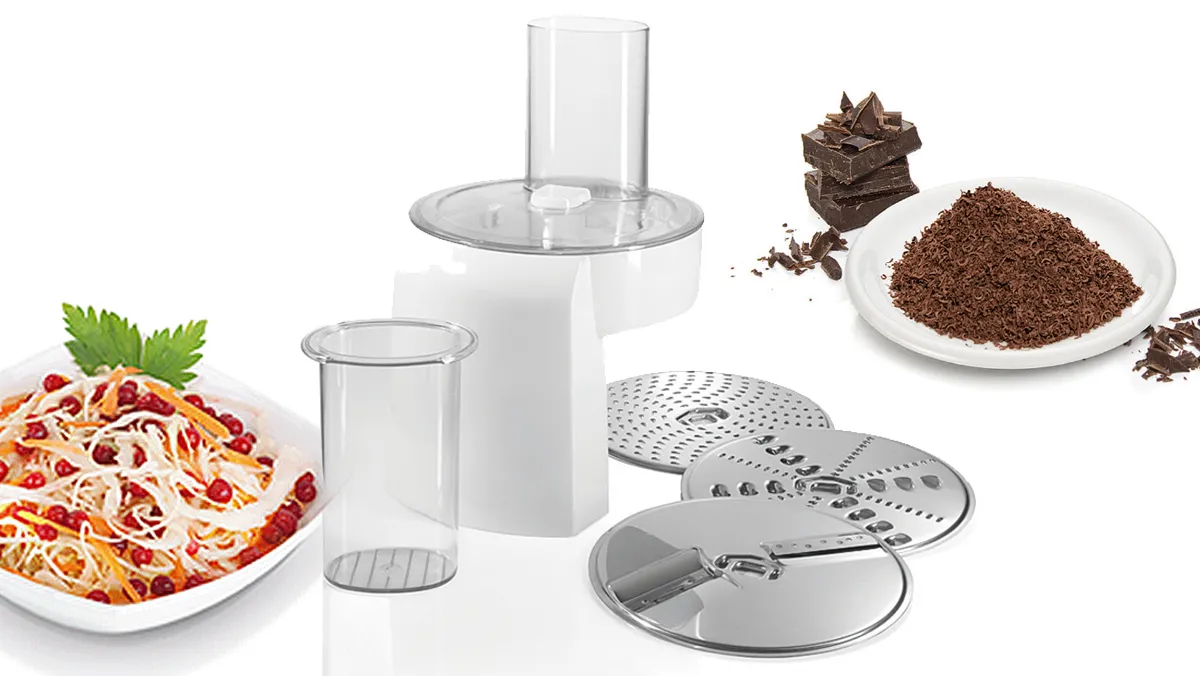 用於蔬菜的切片(粗/細)、切絲(粗/細)、食材的 切碎以及穀物的研磨等