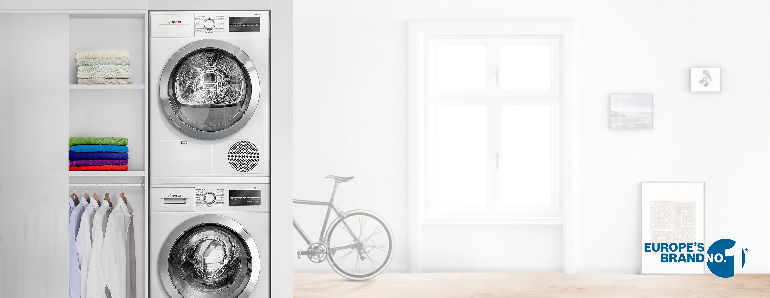 Bosch washing machine and tumble dryer stacked in a laundry room