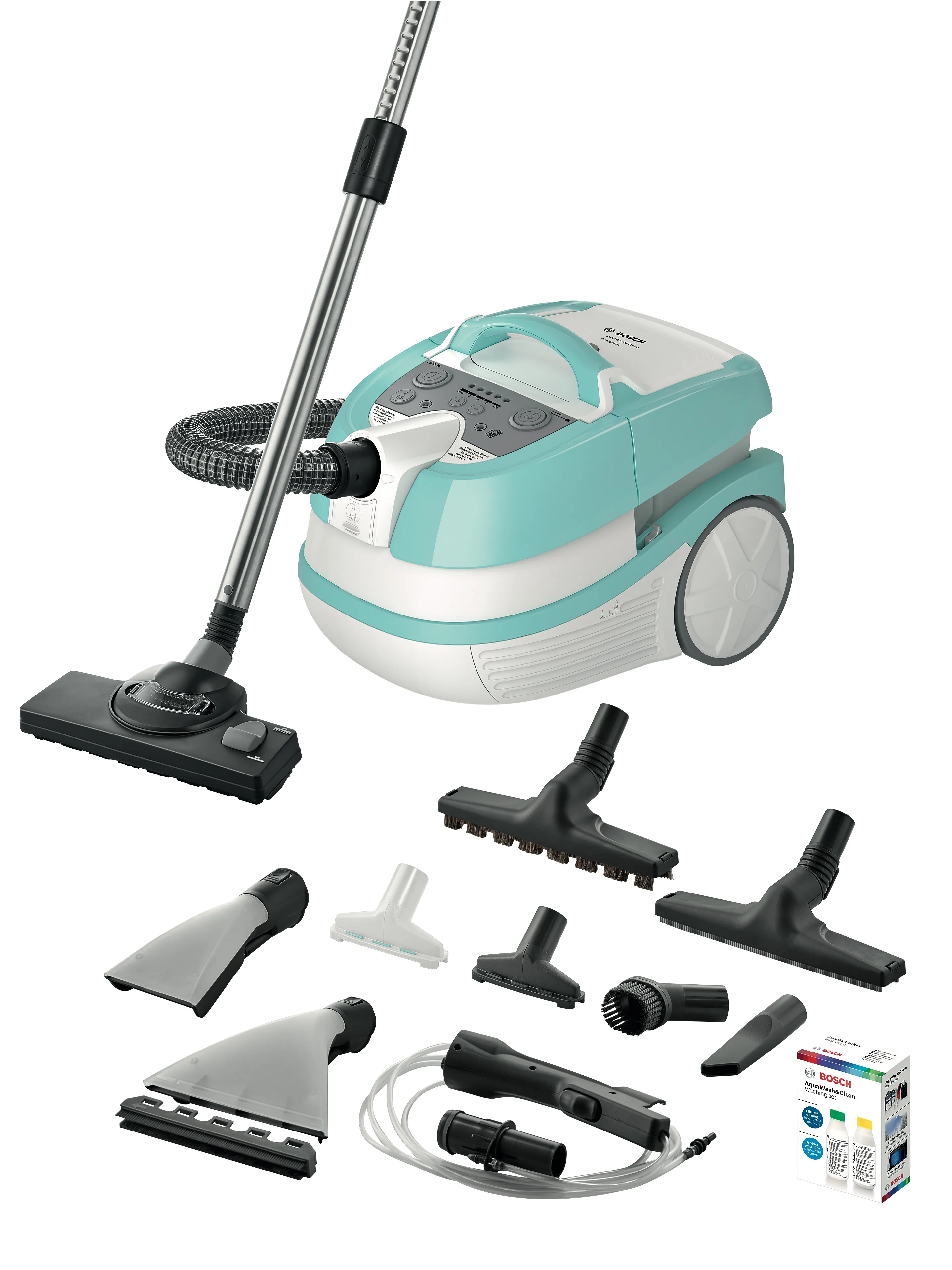 Aspirator cu rezervor, prevăzut cu furtun, tijă telescopică, diverse accesorii pentru podele și tapițerii, precum și o cutie cu pungi pentru aspirator
