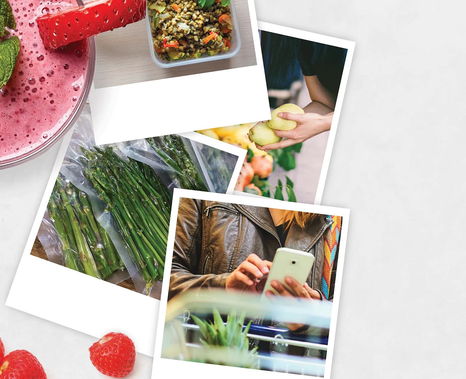 Collage di cibo, natura e immagini tecnologiche - smoothie, verdure, mani utilizzando smartphone.
