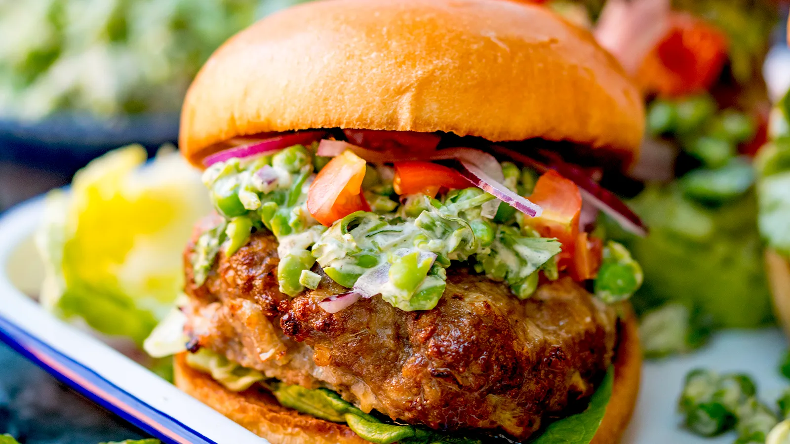 Feta Stuffed Lamb Burgers with Minted Pea Guacamole
