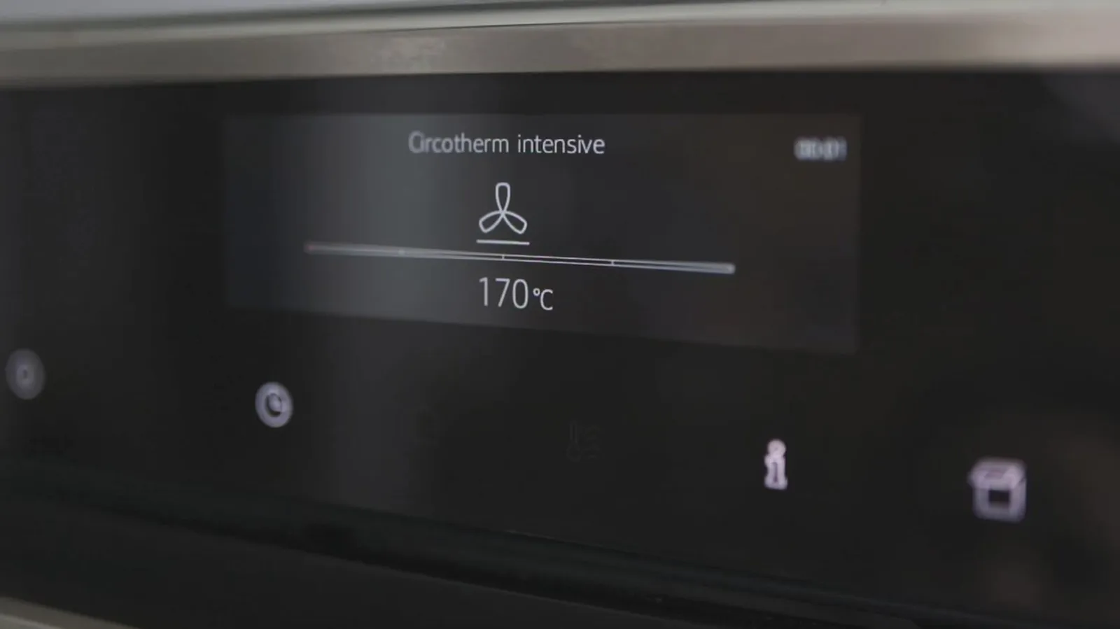 A close-up of a Neff oven's digital display showing "Circotherm intensive" mode set to 170°C with a fan icon and a timer of 00:01.