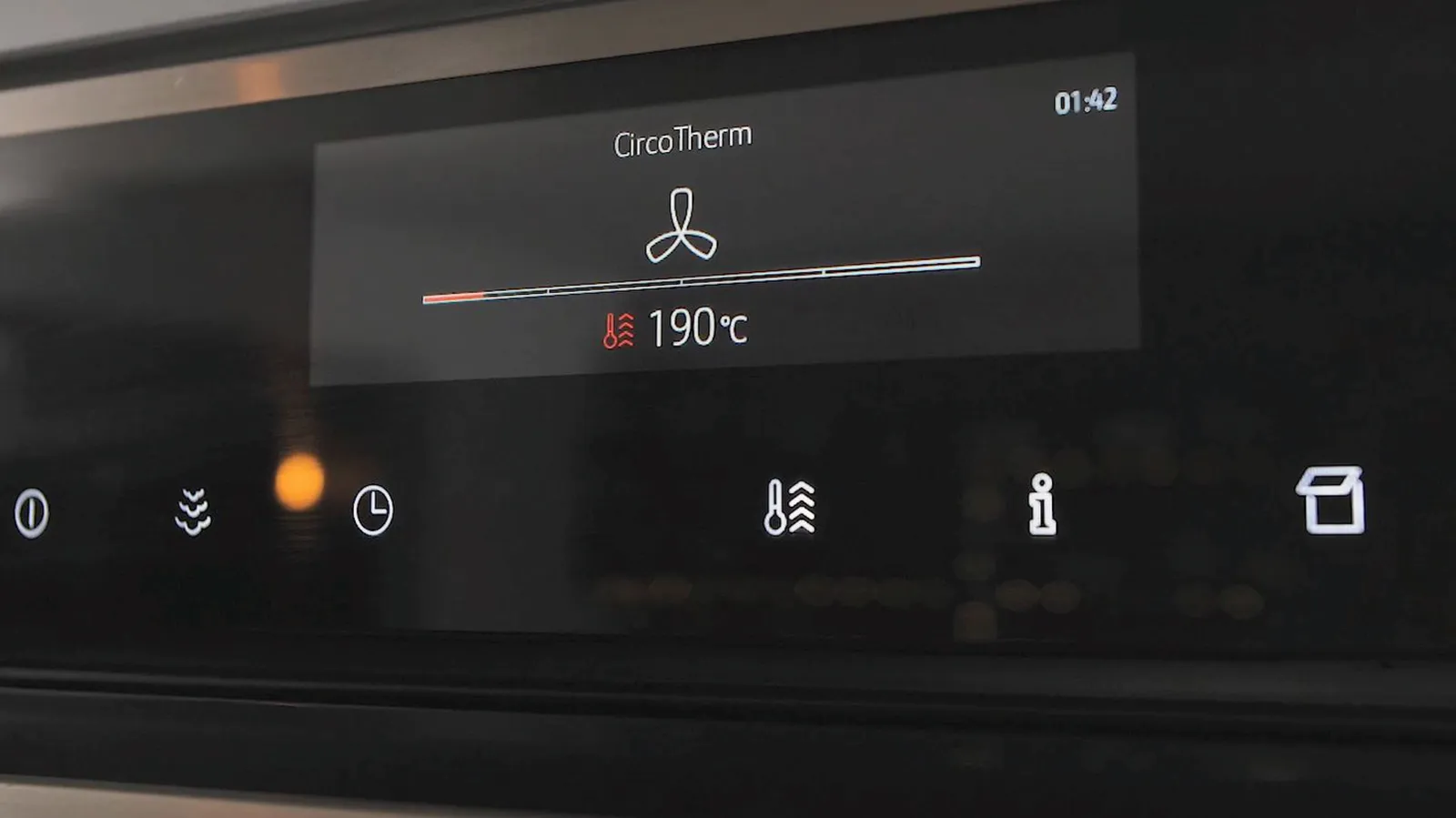 A close-up of a Neff oven's digital display showing "CircoTherm" function with a fan icon and a temperature of 190°C, with a timer set to 01:42.