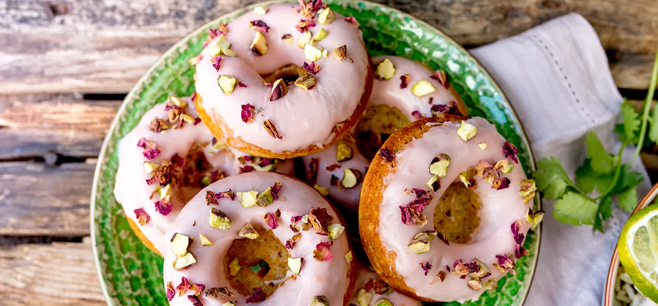 Pistachio & Rose Baked Doughnuts