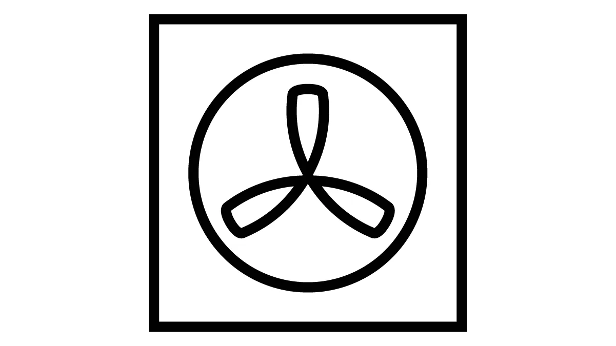 Schwarzes und weißes Bild eines einfachen abstrakten Symbols innerhalb eines quadratischen Rahmens.
