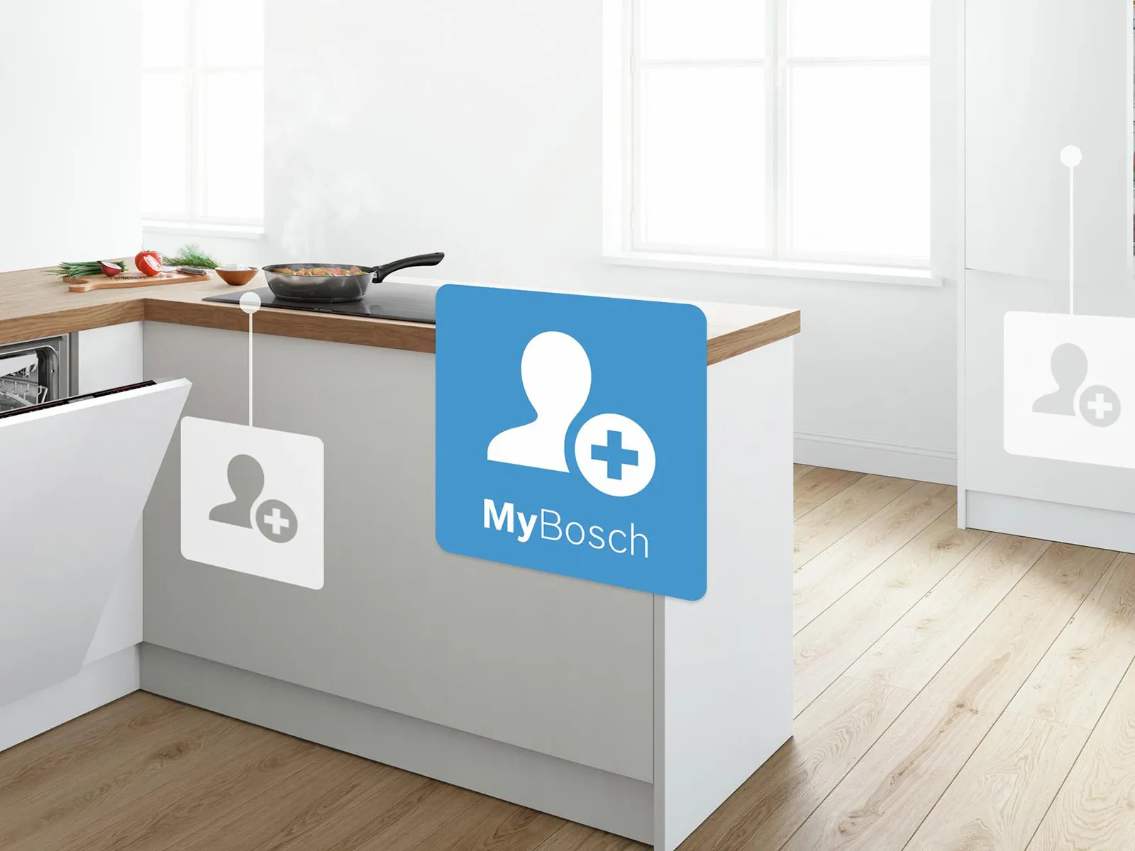 Köksräknare med MyBosch logotyp, köksapparater och fönster i bakgrunden.