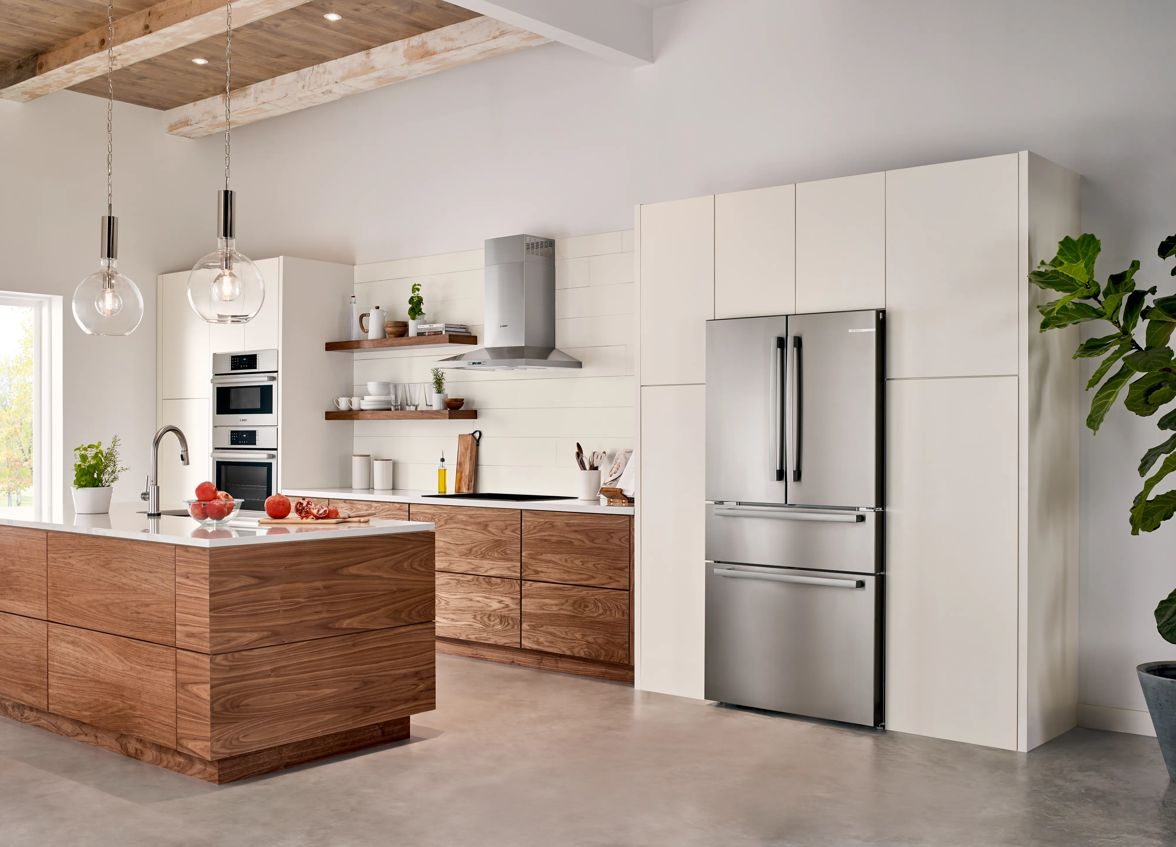 Bosch angled kitchen shot hightlighting stainless steel appliances