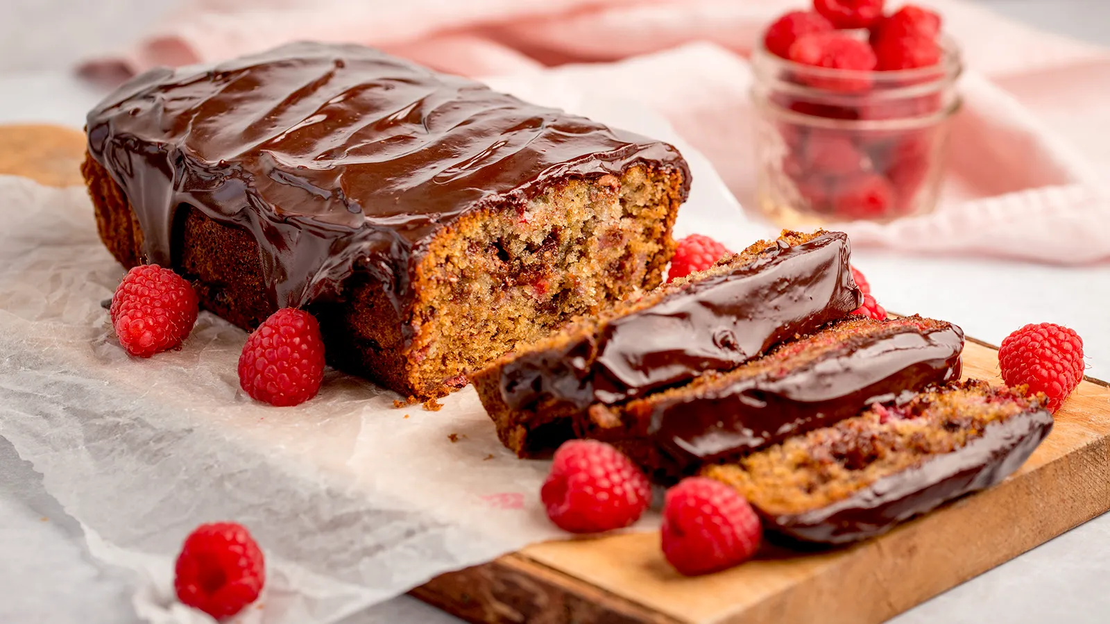 Raspberry & Chocolate Chunk Banana Bread with Chocolate Ganache
