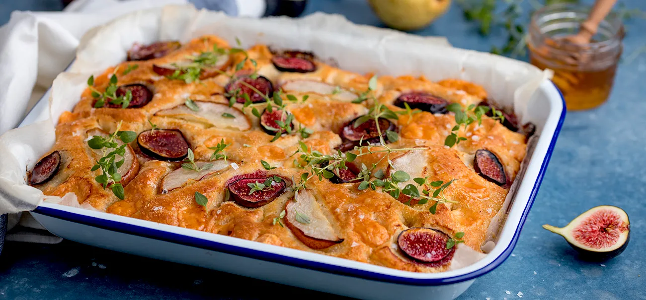 Fig & Pear Focaccia Bread with Manchego Cheese & Honey