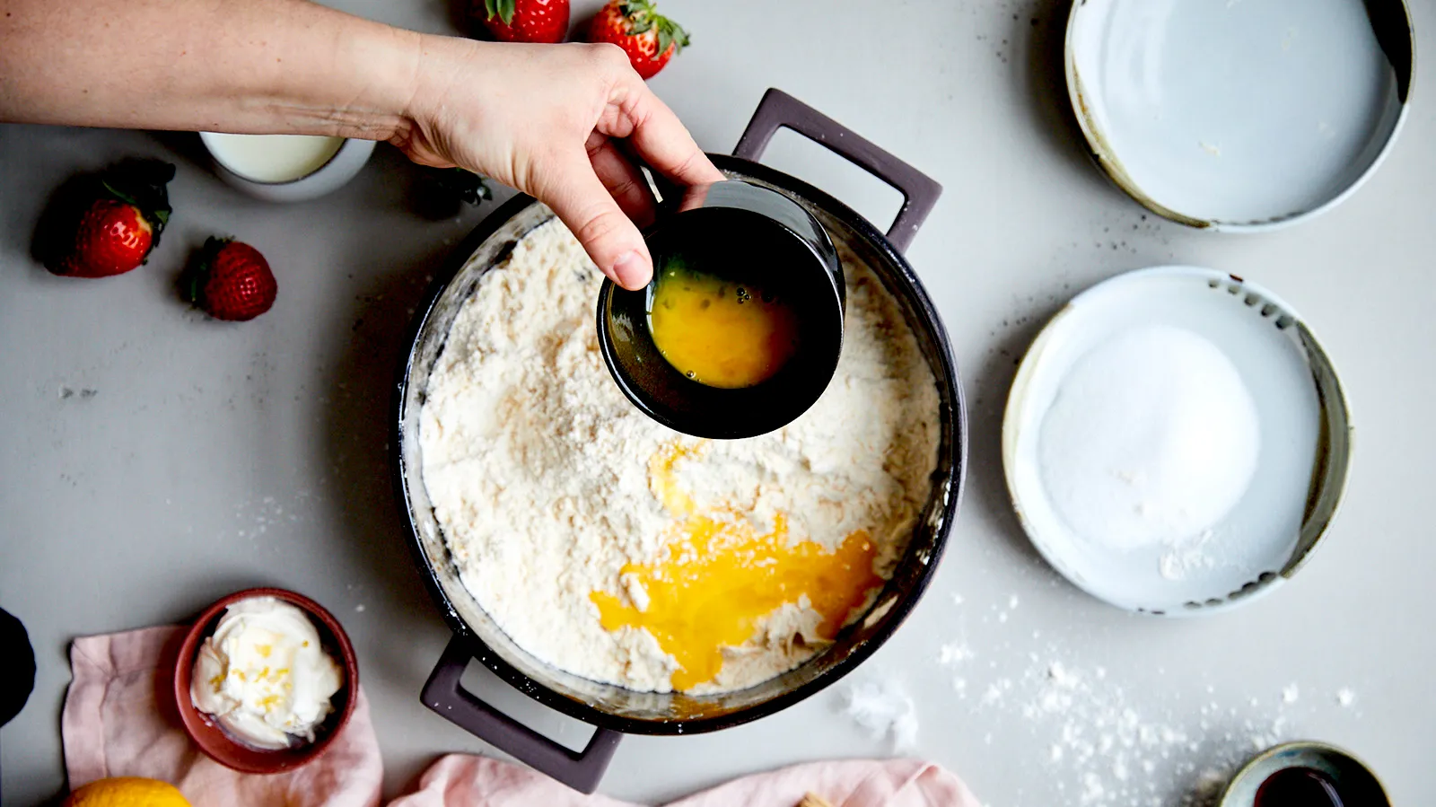 Eggs mixed into dry ingredients