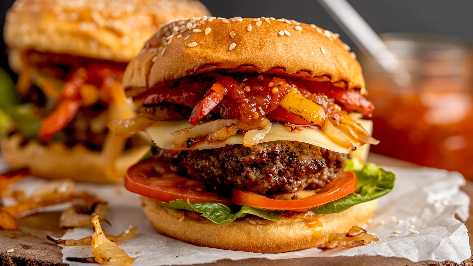 Angus Burger with Fried Sauerkraut, Peppers and Swiss Cheese