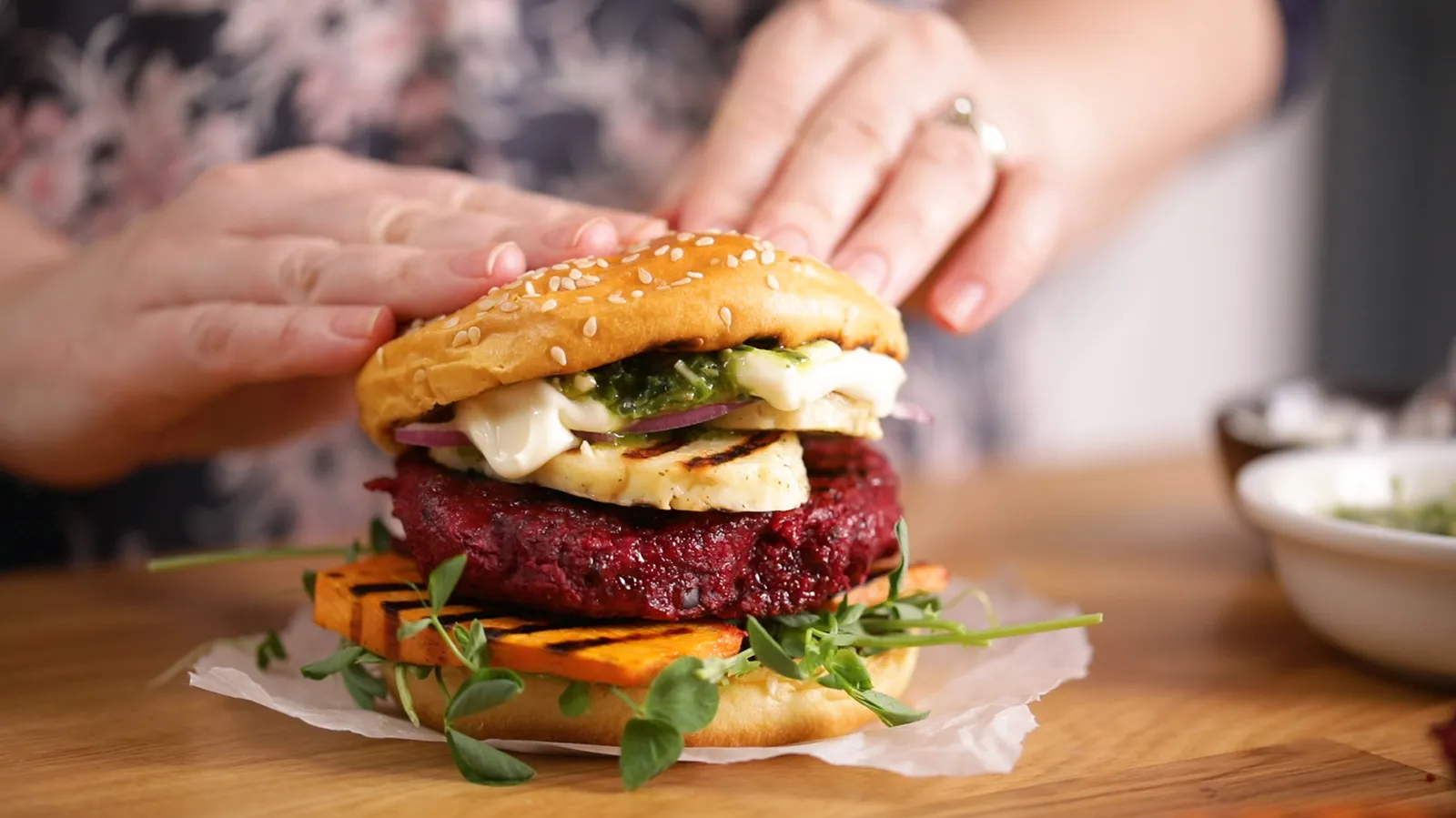 Beetroot Veggie Burgers with Halloumi and Microshoots