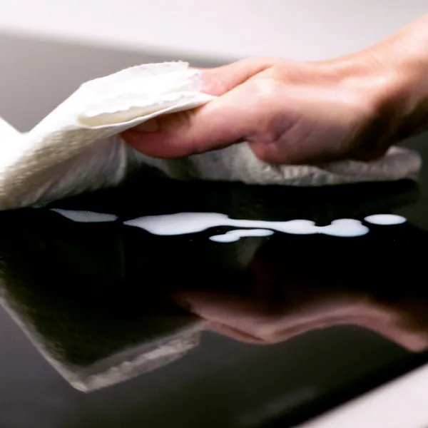 Person wiping white suds on a black countertop