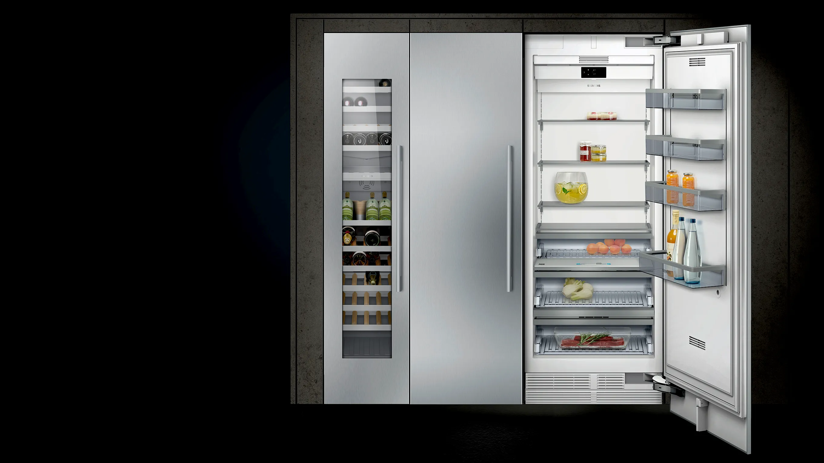 The Siemens 2-Door Bottom Mount fridge freezer can easily combined with the elegant wine cooling unit to create one allround cooling zone. 