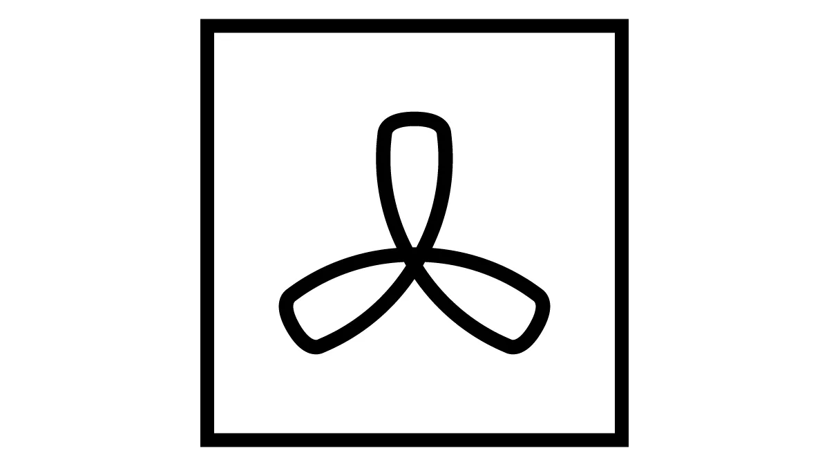 Einfaches schwarzes und weißes Bild eines stilisierten Dreiblattsymbols innerhalb eines quadratischen Rahmens.