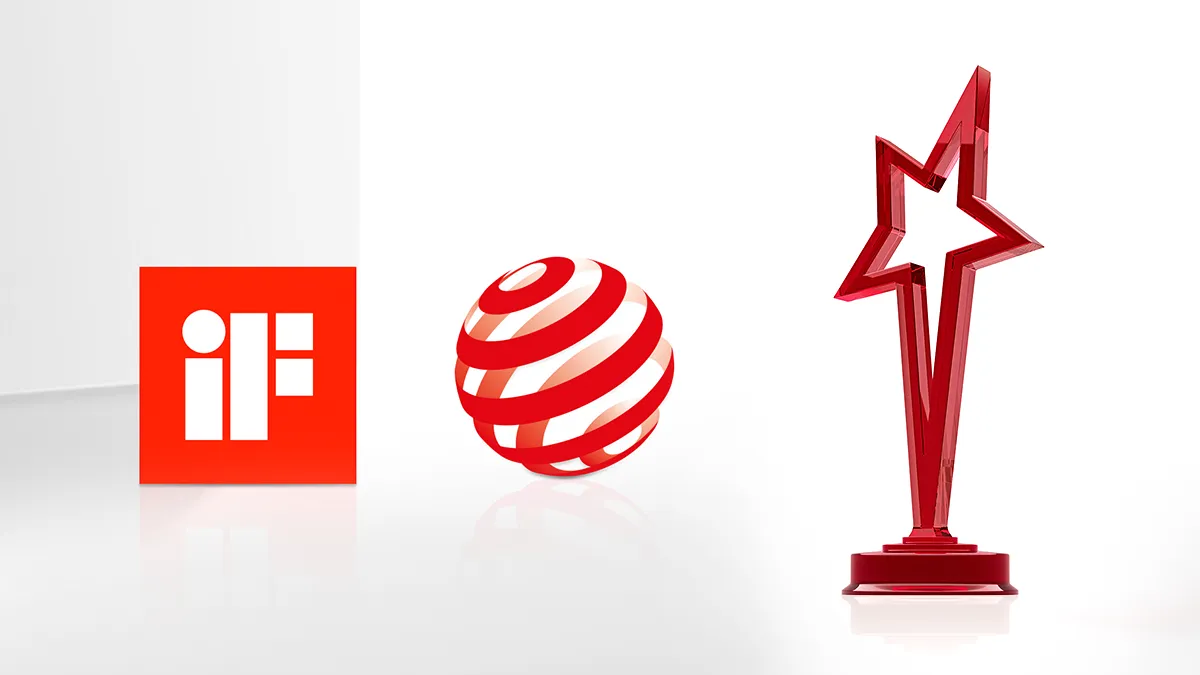 Rød IF-logo, stripet rød kule, rød stjerneformet trofé.