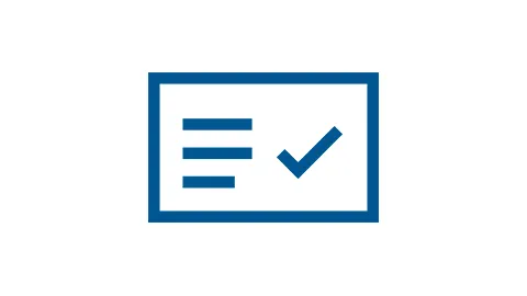 Checklist икона със синя рамка, отметка и списък елементи, представляващи одобрение, проверка, или завършване.
