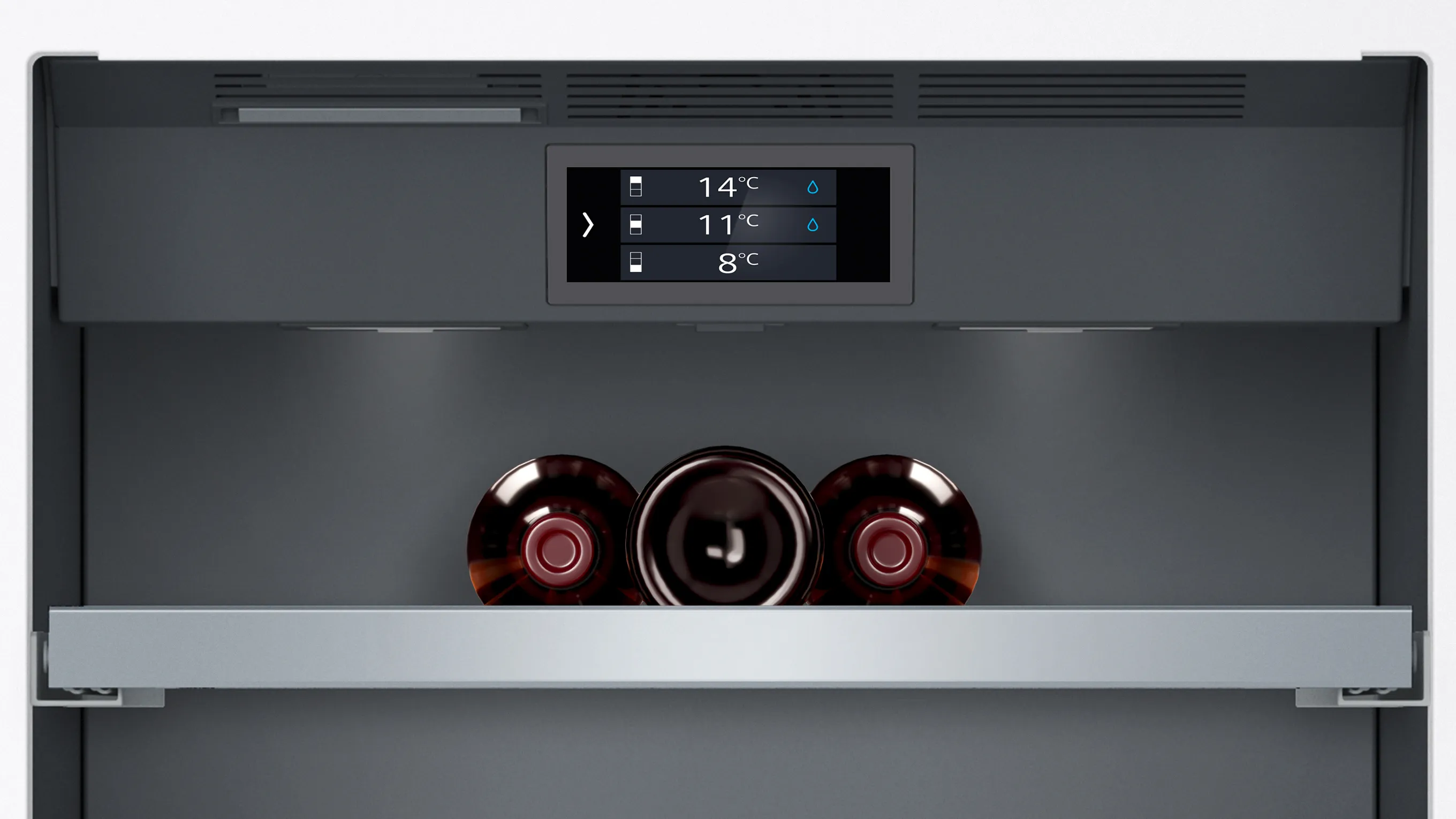 Close up of wine cooler interioir with self temperatures on digital display.