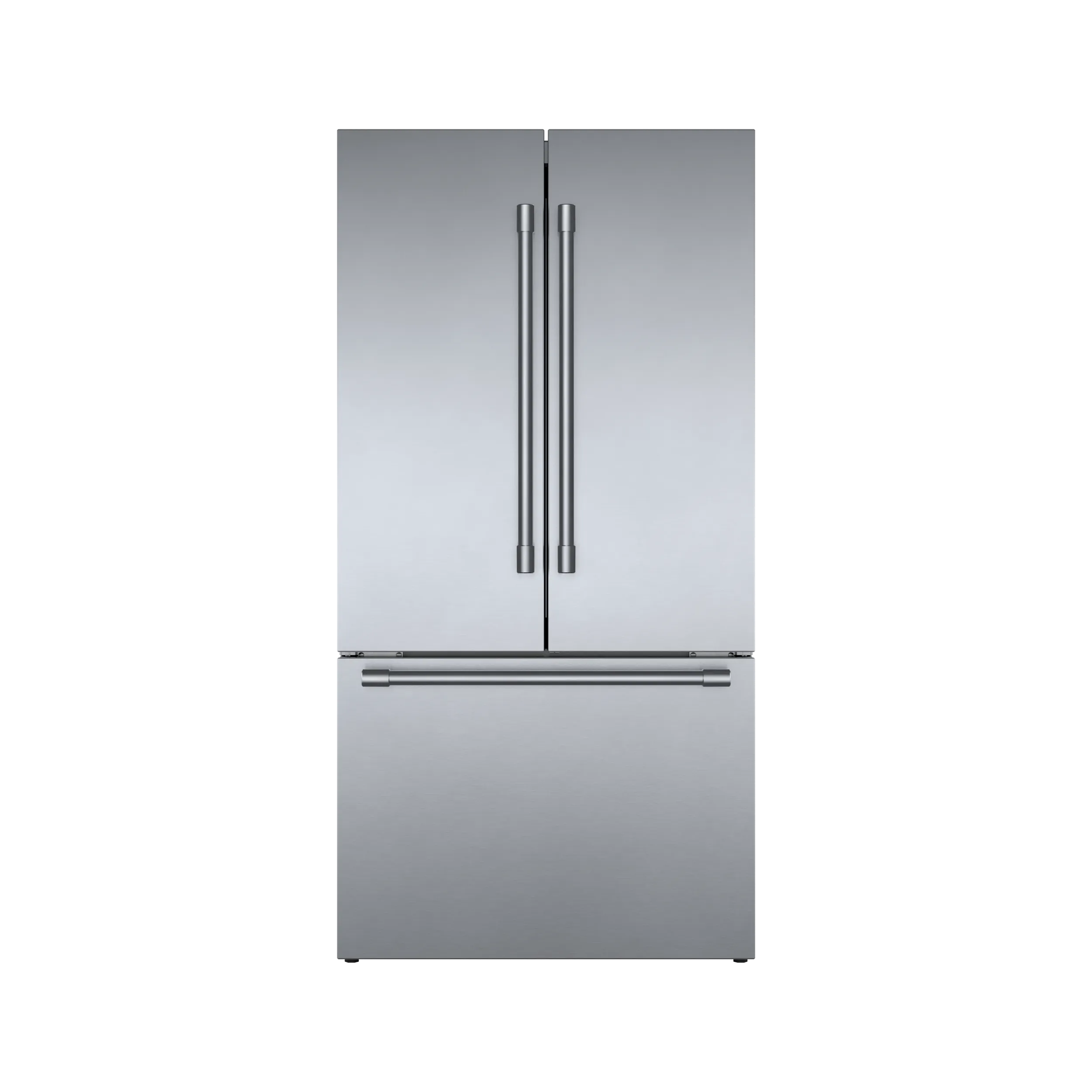 Bosch Stainless steel fridge with French doors and bottom freezer drawer, seen from the front.