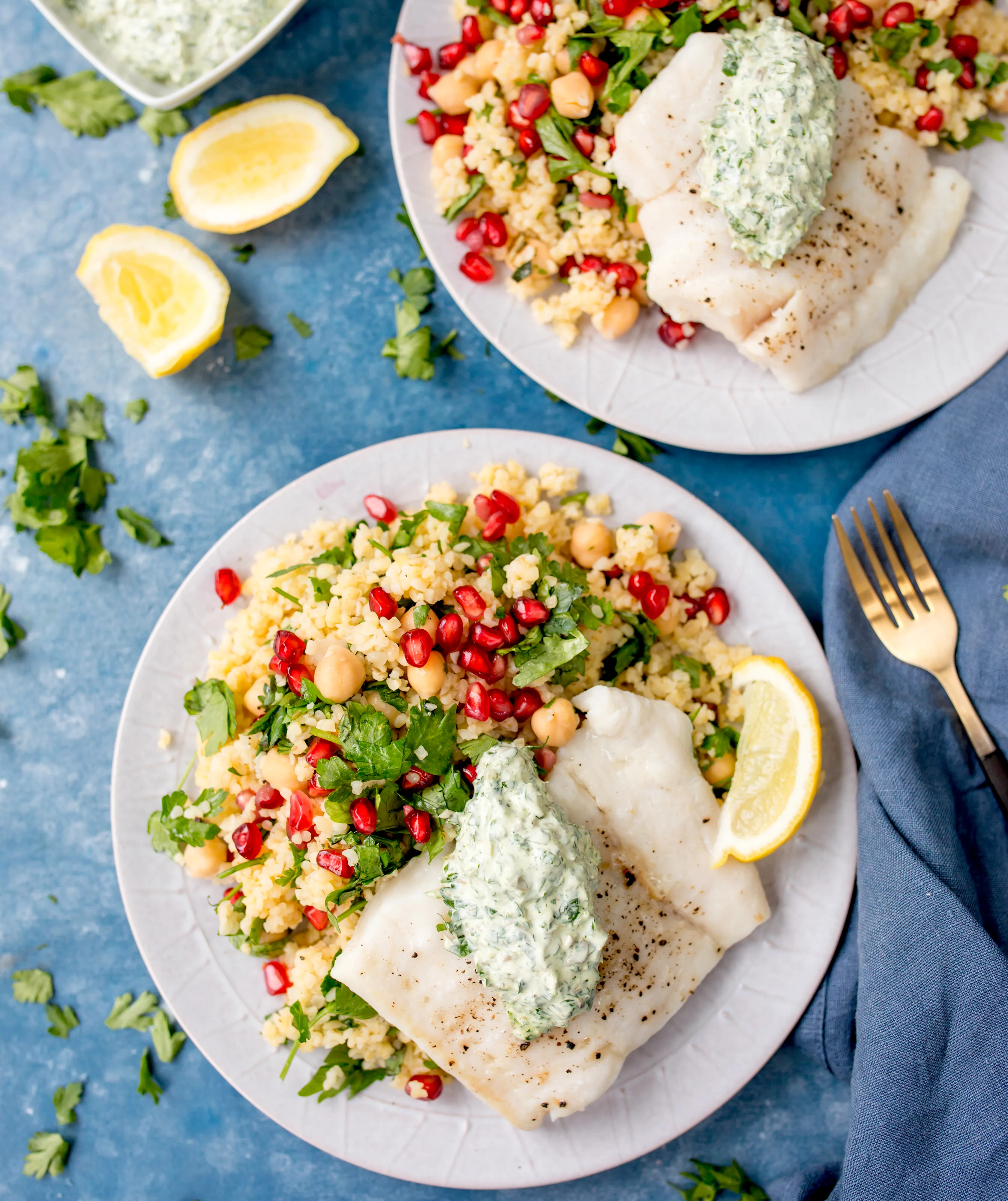 Steamed Hake with Tabbouleh, Chickpeas and Salsa Verde