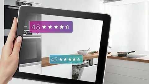 Tablet zobrazující hodnocení spotřebičů v moderní kuchyni.