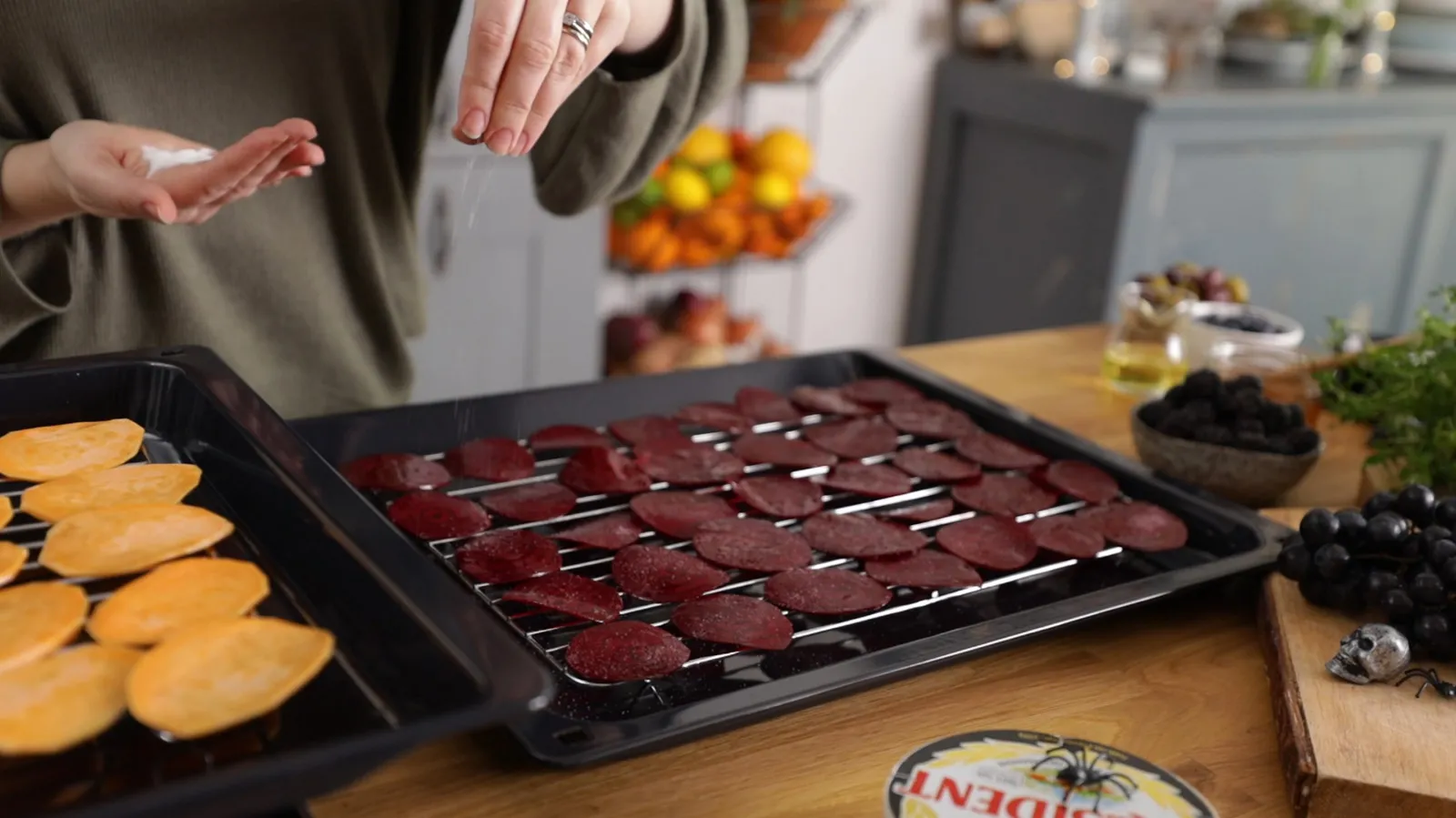 Beetroot slices laid out on baking tray