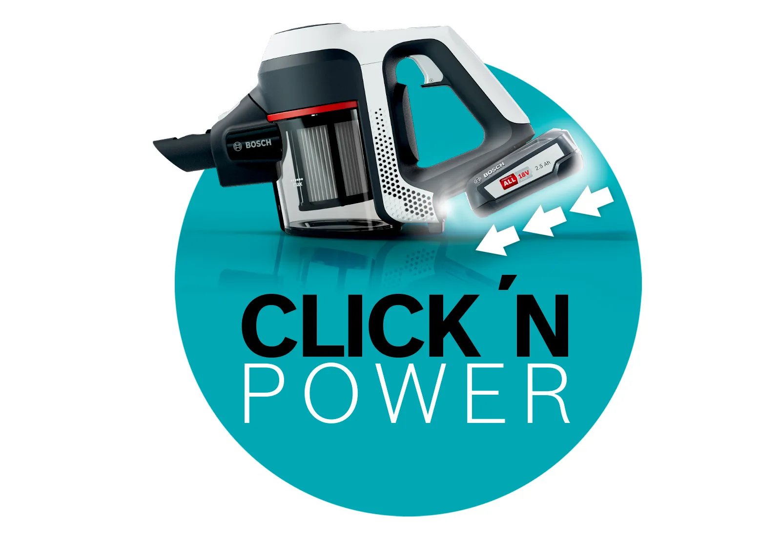 Сменные аккумуляторные батареи легко продлевают время работы. Click`N’Power.