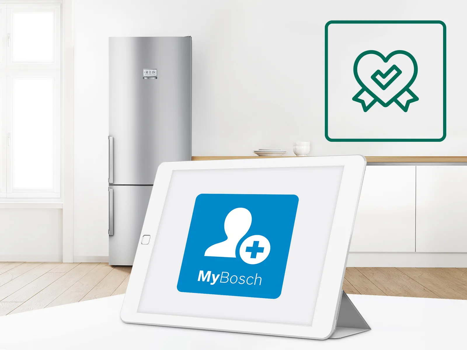 Küchengeräte, Tablet mit MyBosch App und Gesundheits-Ikone in einer modernen, minimalistischen Küchenumgebung.