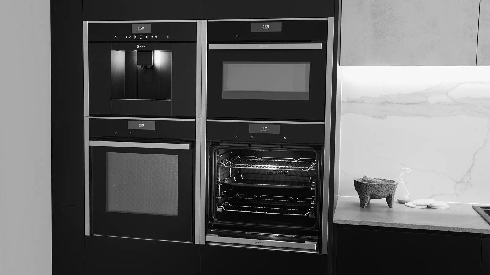 Three ovens with integrated steam and microwave functionality.