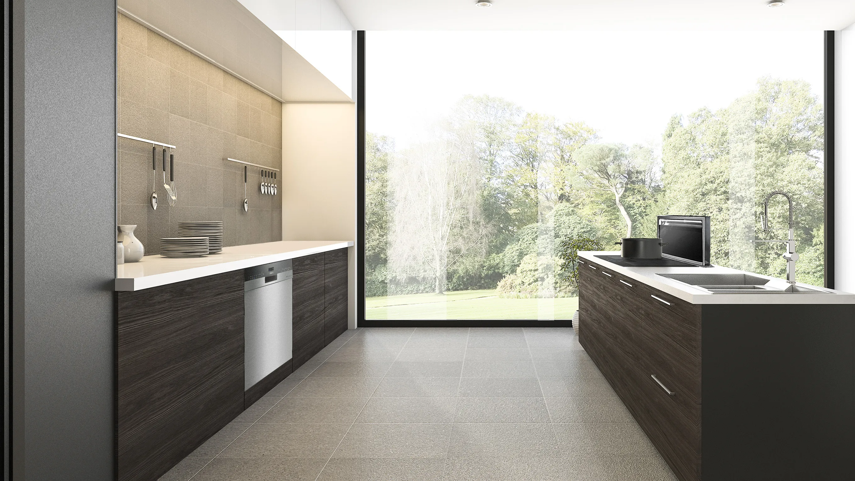 Modern kitchen with large window, dark wood cabinets, and minimalist design.