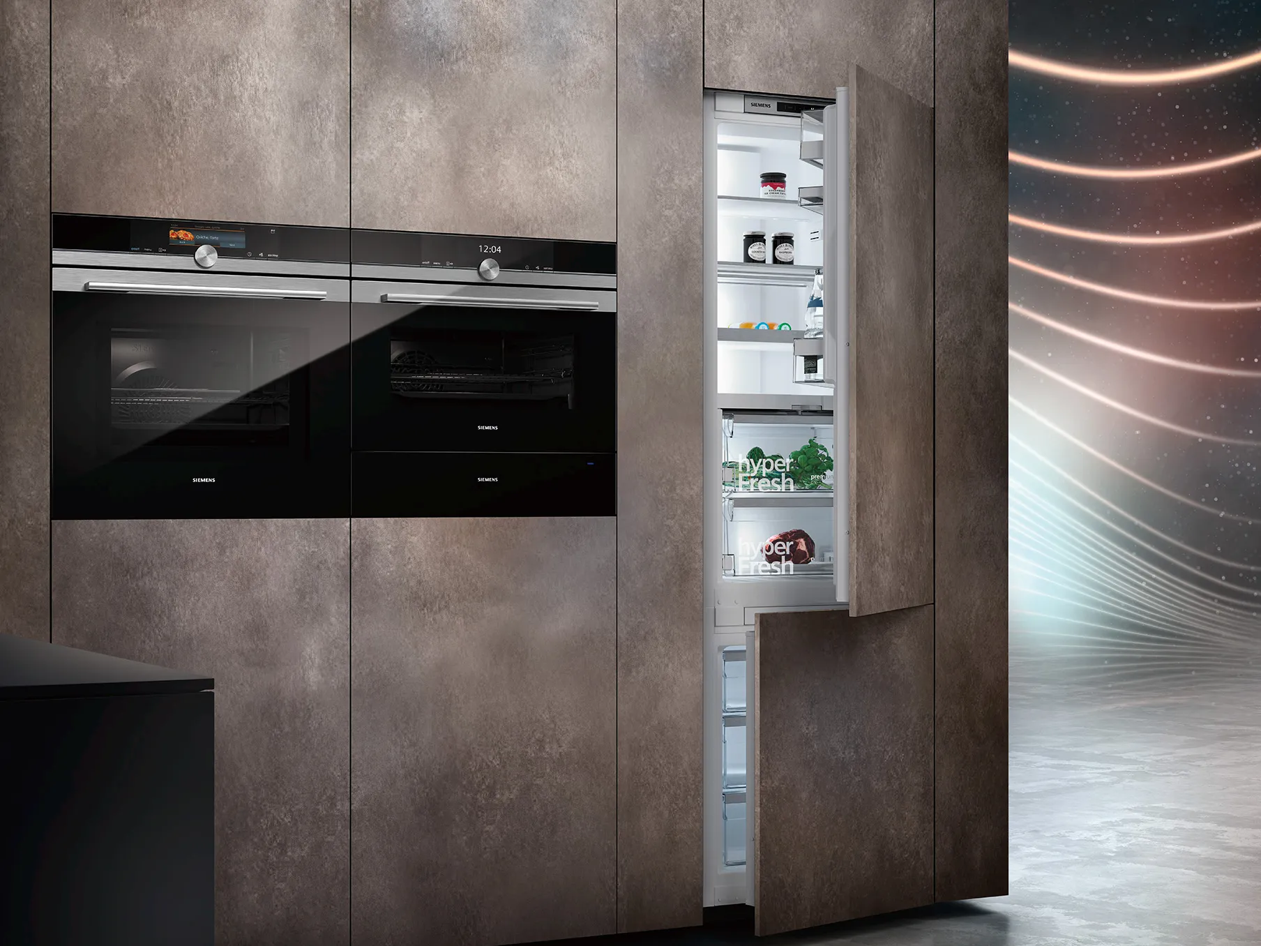 Modern kitchen appliances, oven, refrigerator, concrete wall, minimalist design.