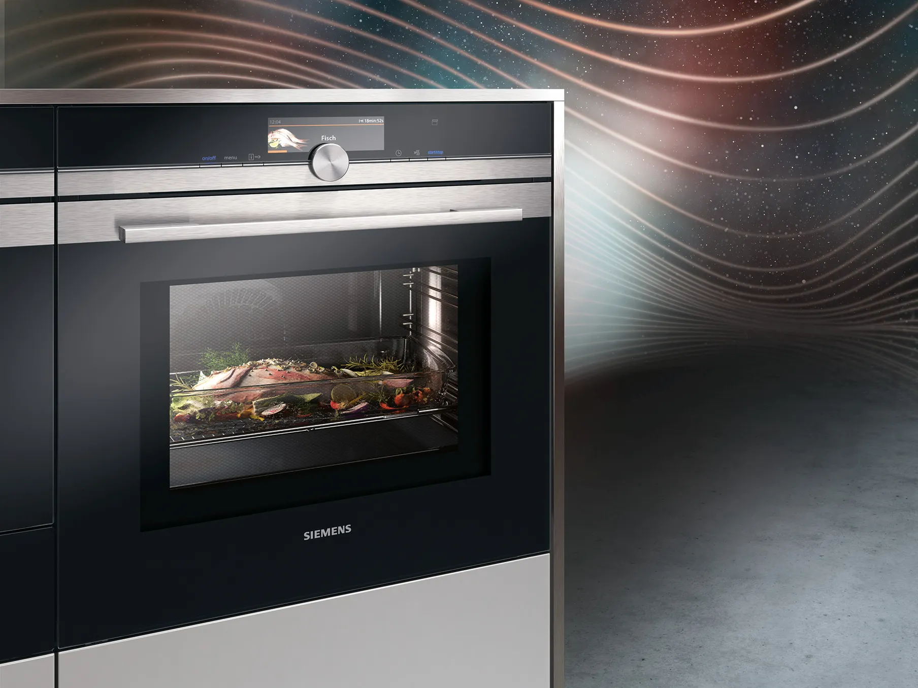 Oven with cooked food inside, modern kitchen appliance, cooking, baking, food preparation.