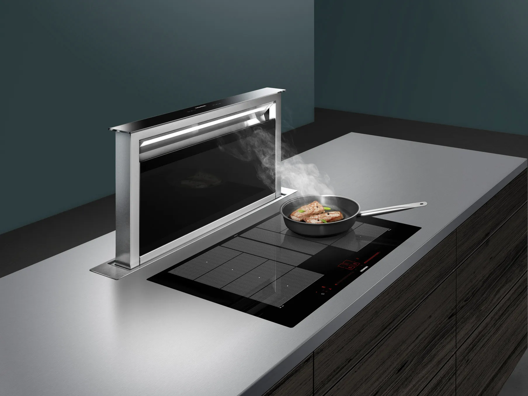 Modern kitchen with induction cooktop, extractor hood, and dark wood cabinets.