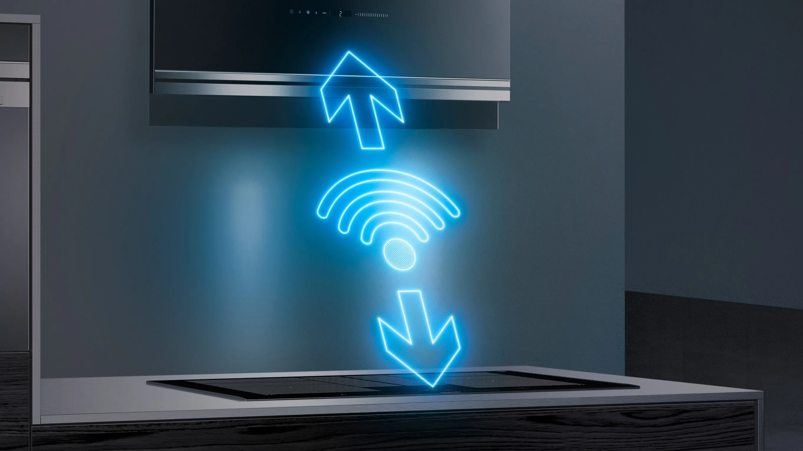 Infografía que muestra una placa de cocina y una campana extractora Siemens con una ilustración en color azul de un símbolo de wifi entre ambos electrodomésticos