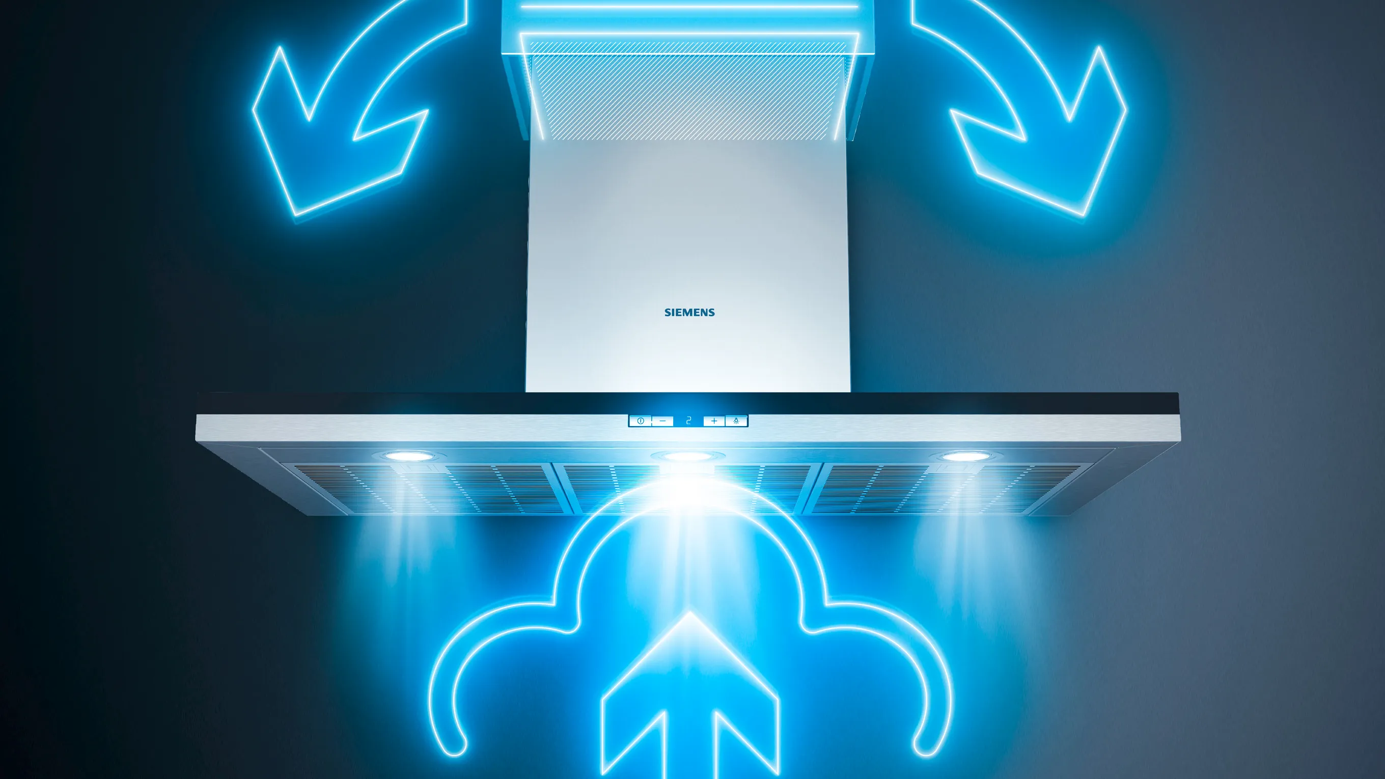 Infografía que muestra una campana decorativa Siemens instalada en recirculación y, sobre ella, una ilustración en color azul que muestra la limpieza del aire.