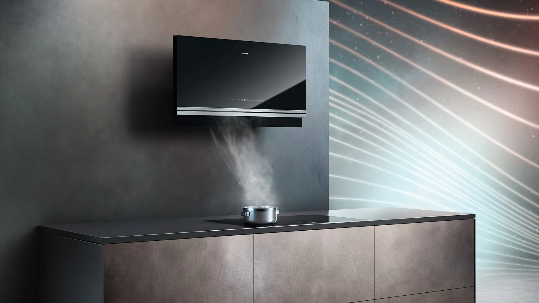 Sleek TV stand with black TV, steam rising from a cup on the surface, abstract lighting patterns on the wall.