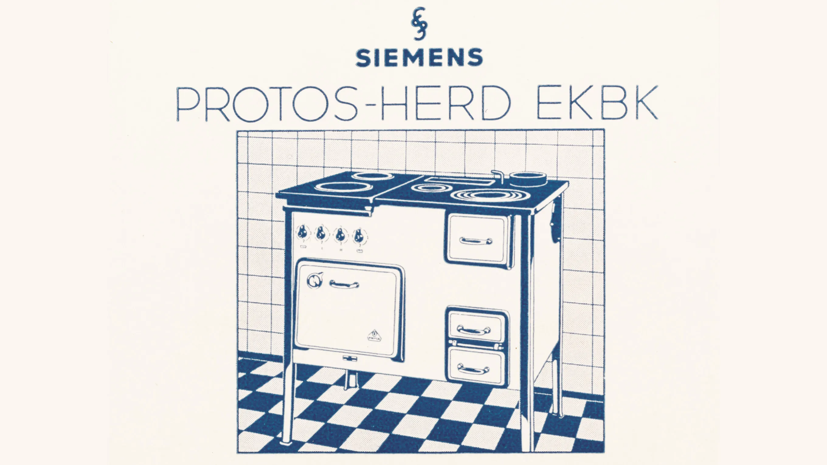 Vintage Siemens kitchen appliance illustration with checkered floor and retro design elements.