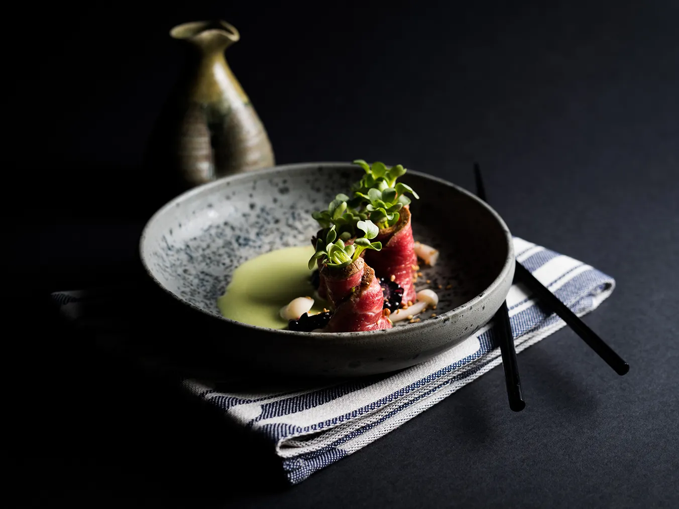Beef Tataki, Beech mushrooms & Herbal fusion.