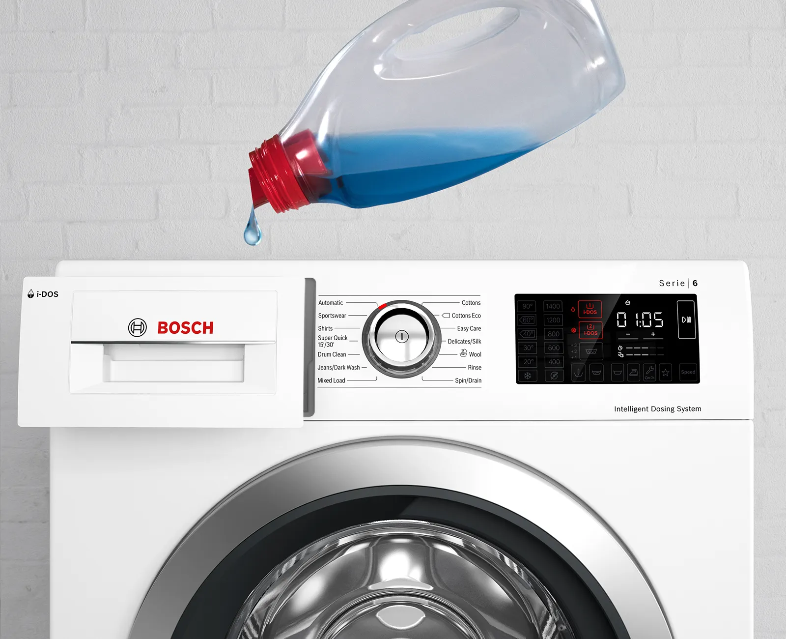 Washing machine with detergent bottle, control panel, and digital display showing washing cycle information.