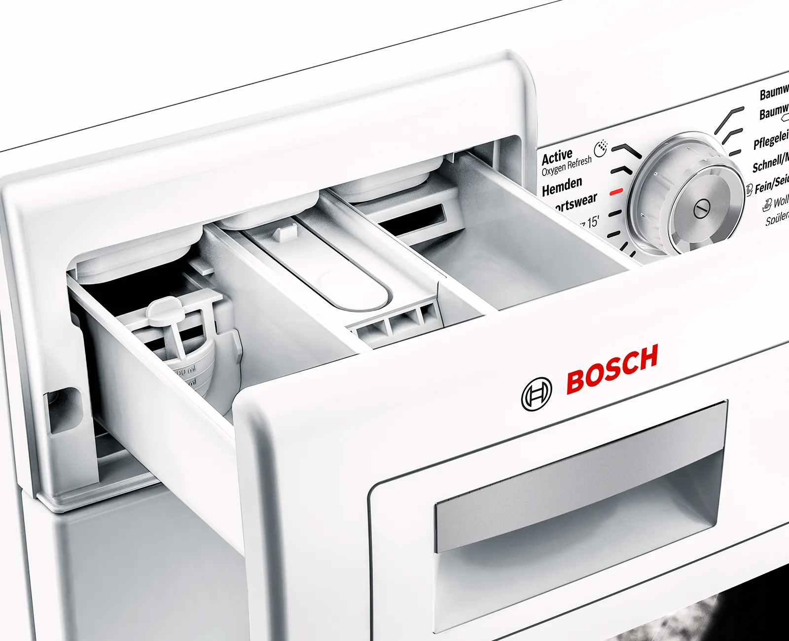 Bosch washing machine interior with detergent drawer and control panel.