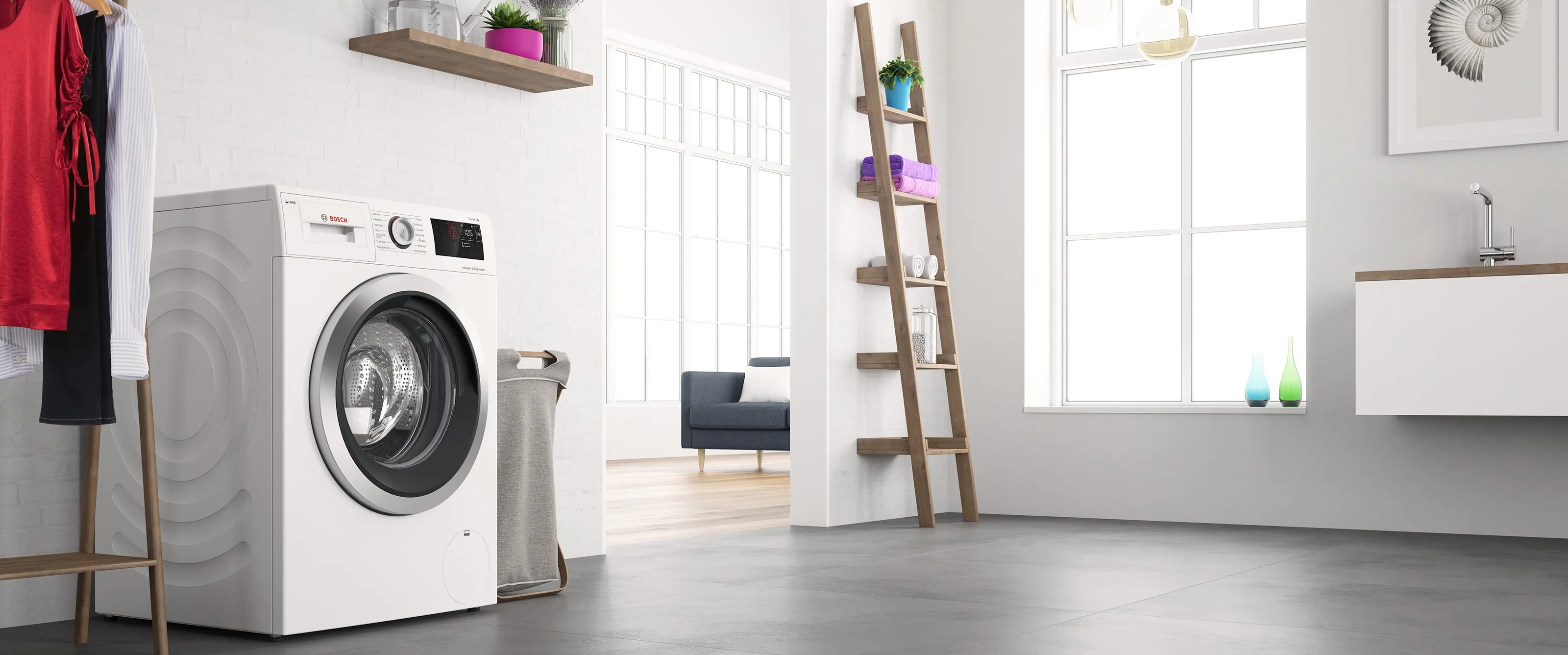 Bright, modern laundry room with washing machine, ladder shelf, and minimalist decor.