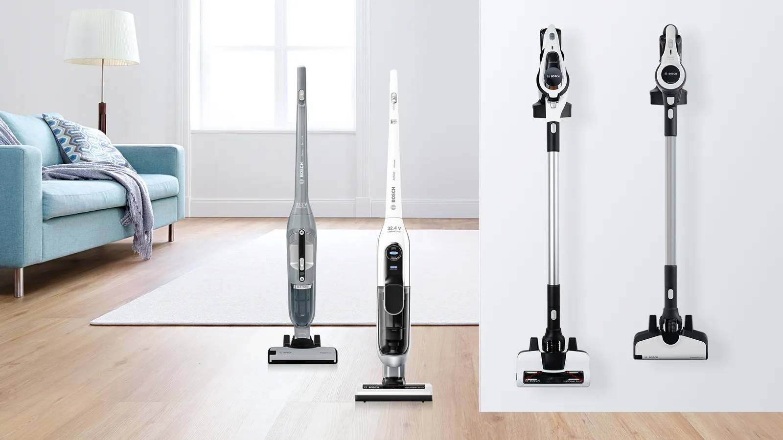 Two cordless stick vacuum cleaners standing in a bright living room, with two wall-mounted views shown at right.