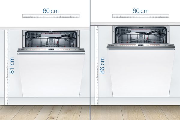 Bosch Einbaugeschirrsp&uuml;ler in Standardgr&ouml;&szlig;e 60 mal 81 neben einem h&ouml;heren 86-cm-Modell.