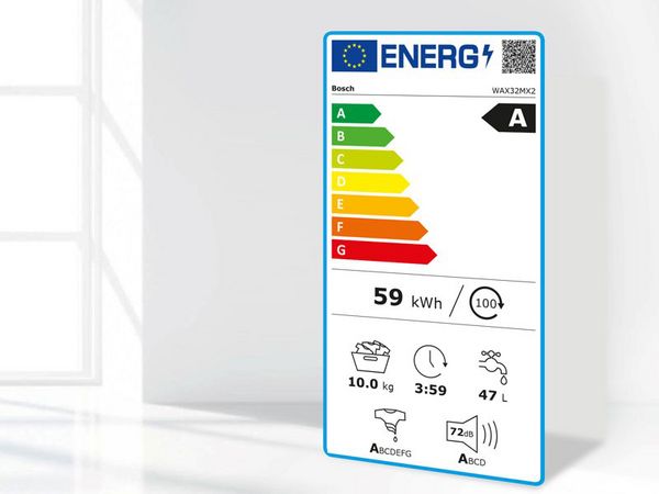 Energielabel mit den unterschiedlichen Effizienzklassen, durch eine Lupe betrachtet