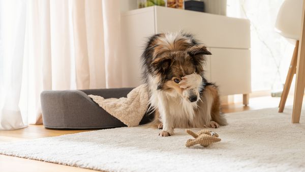 Ein Hund vor seinem Spielzeug sitzend auf dem Teppichboden in einem Esszimmer vor seinem Hundek&ouml;rbchen.