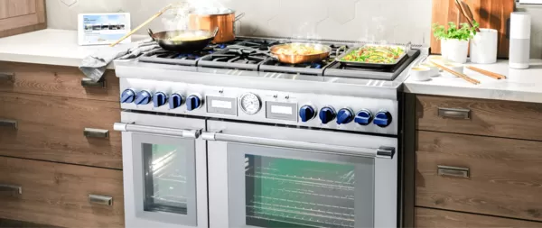 Thermador 48-inch range with food and blue knobs