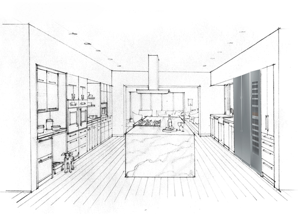 etch-and-sketch of room layout with vuilt-in refrigerators, freezers and columns in solid colors